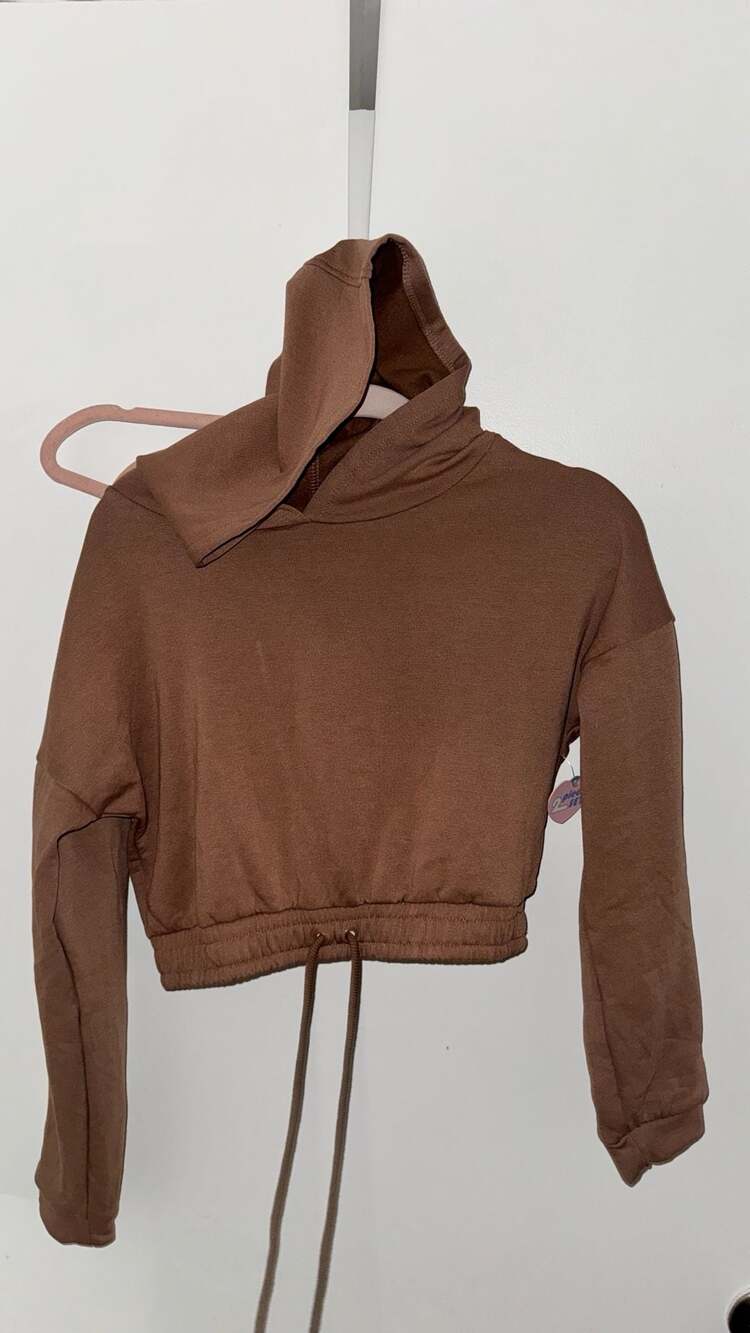 Brown Cropped Drawstring Hoodie
